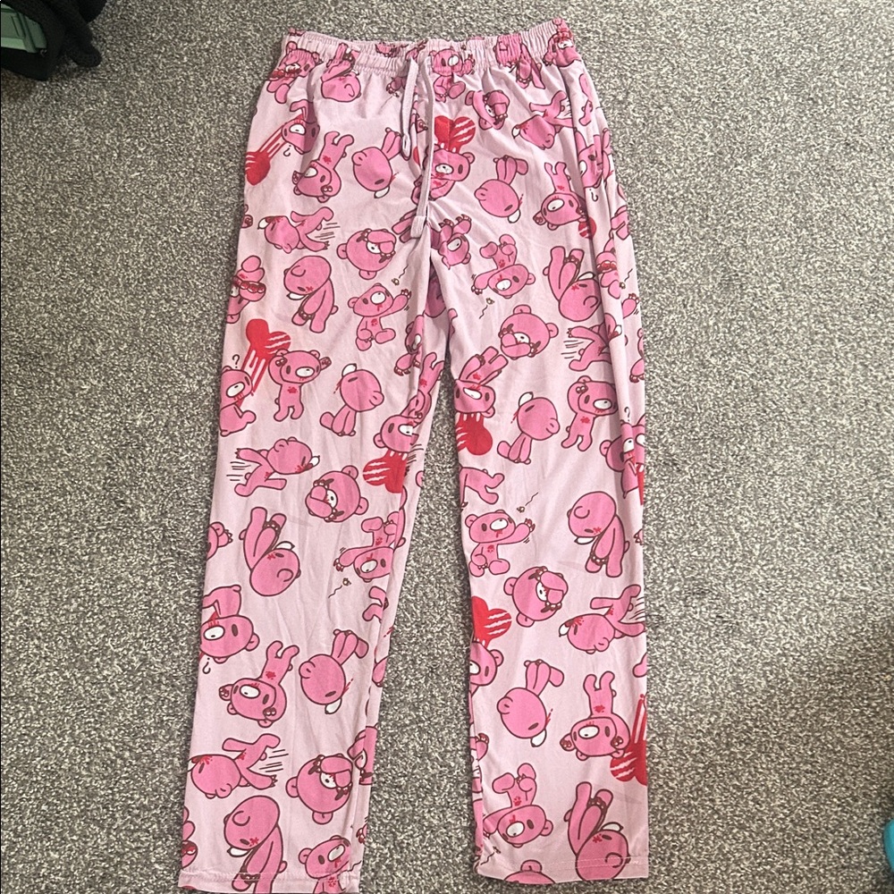 Gloomy bear heart print lounge pants adorable pink bears on a pink background
